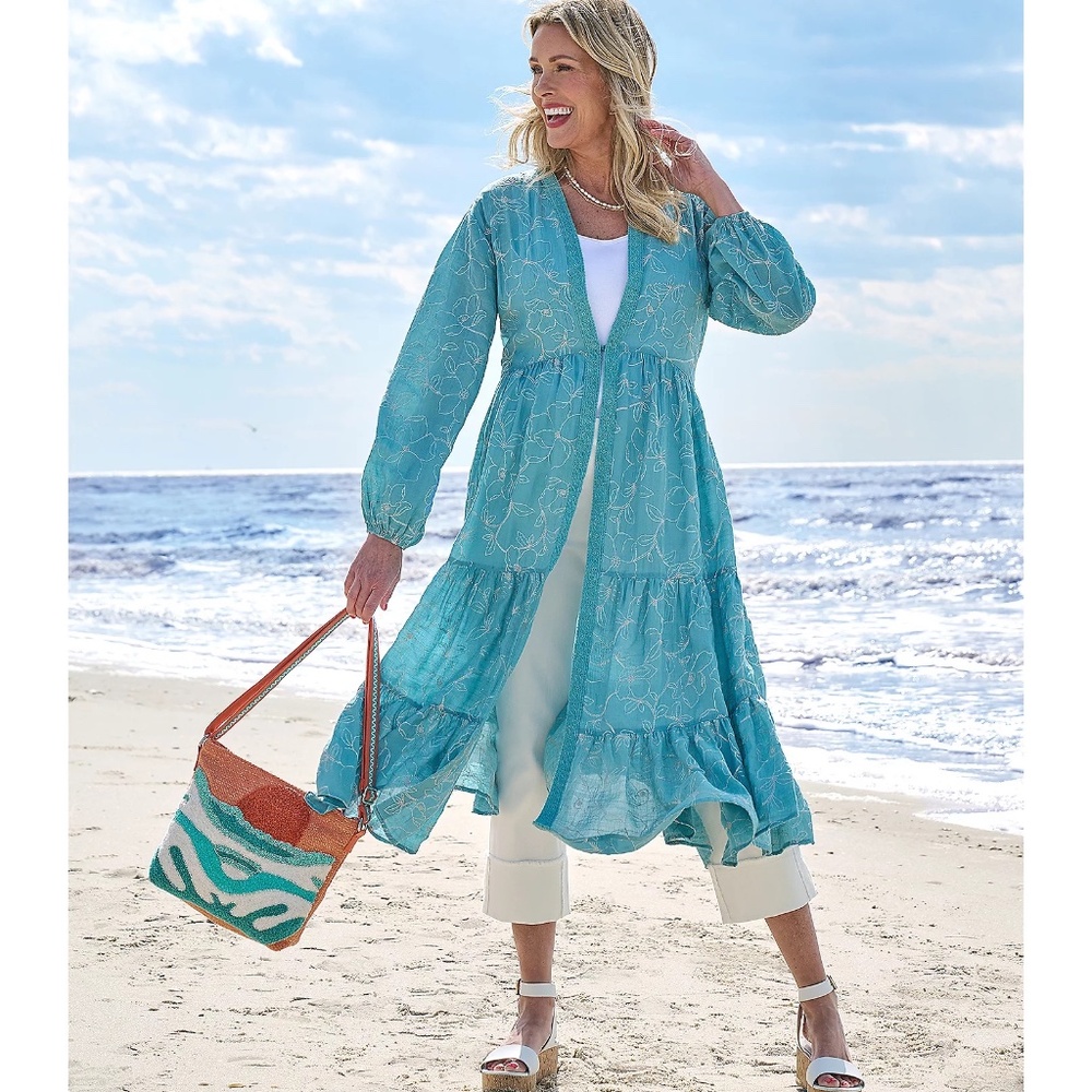 Isaac Mizrahi Live! Bridgehampton Blue Sage Embroidered Lace Gauze Duster Size L